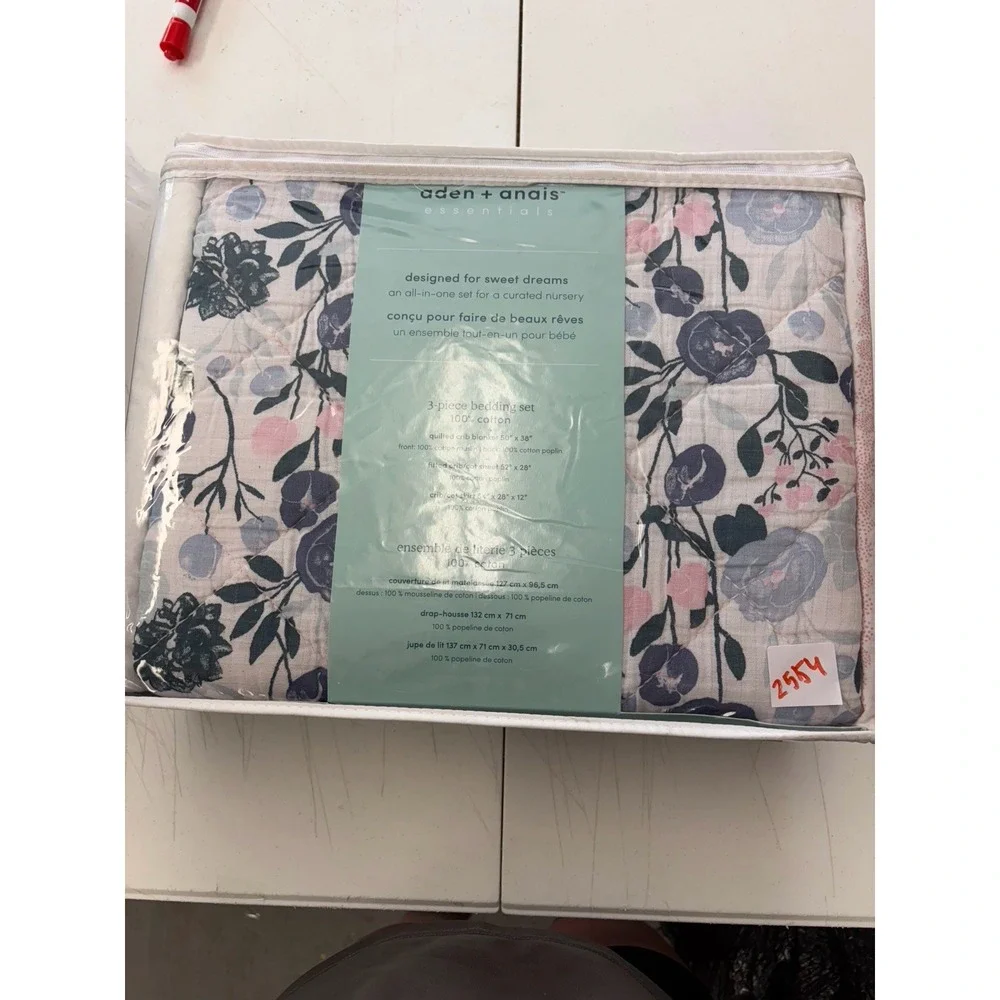 aden + anais 3-Piece Crib Bedding Set Floral Cotton Sheet Skirt Blanket NEW!